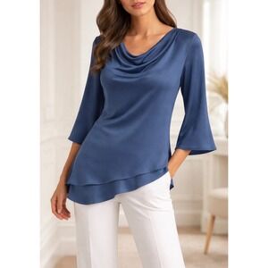 Joseph Ribkoff Slate Blue Cowl Neck Layered Tulip Hem Satin Blouse Mens Size 10